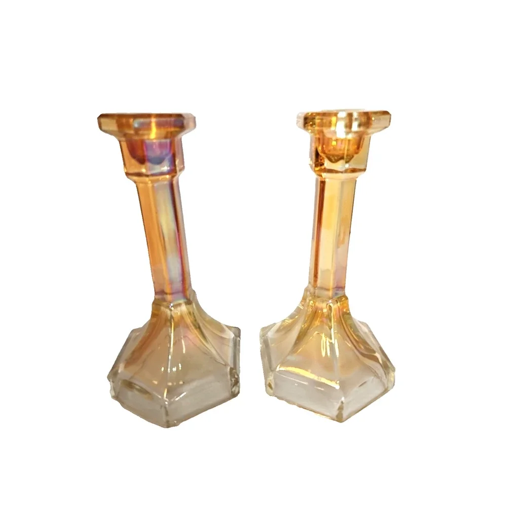 Vintage Lot of 2 Iridescent Marigold Carnival Glass Candle Stick Holders 7